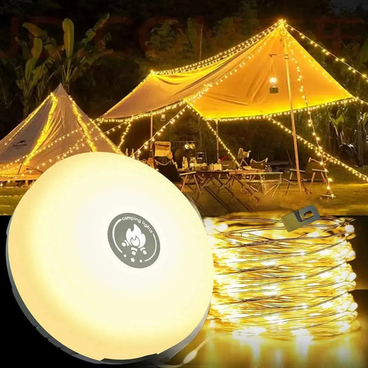 4-in-1 Campinglampe mit USB – Lichterkette, Laterne & Powerbank für Outdoor-Abenteuer