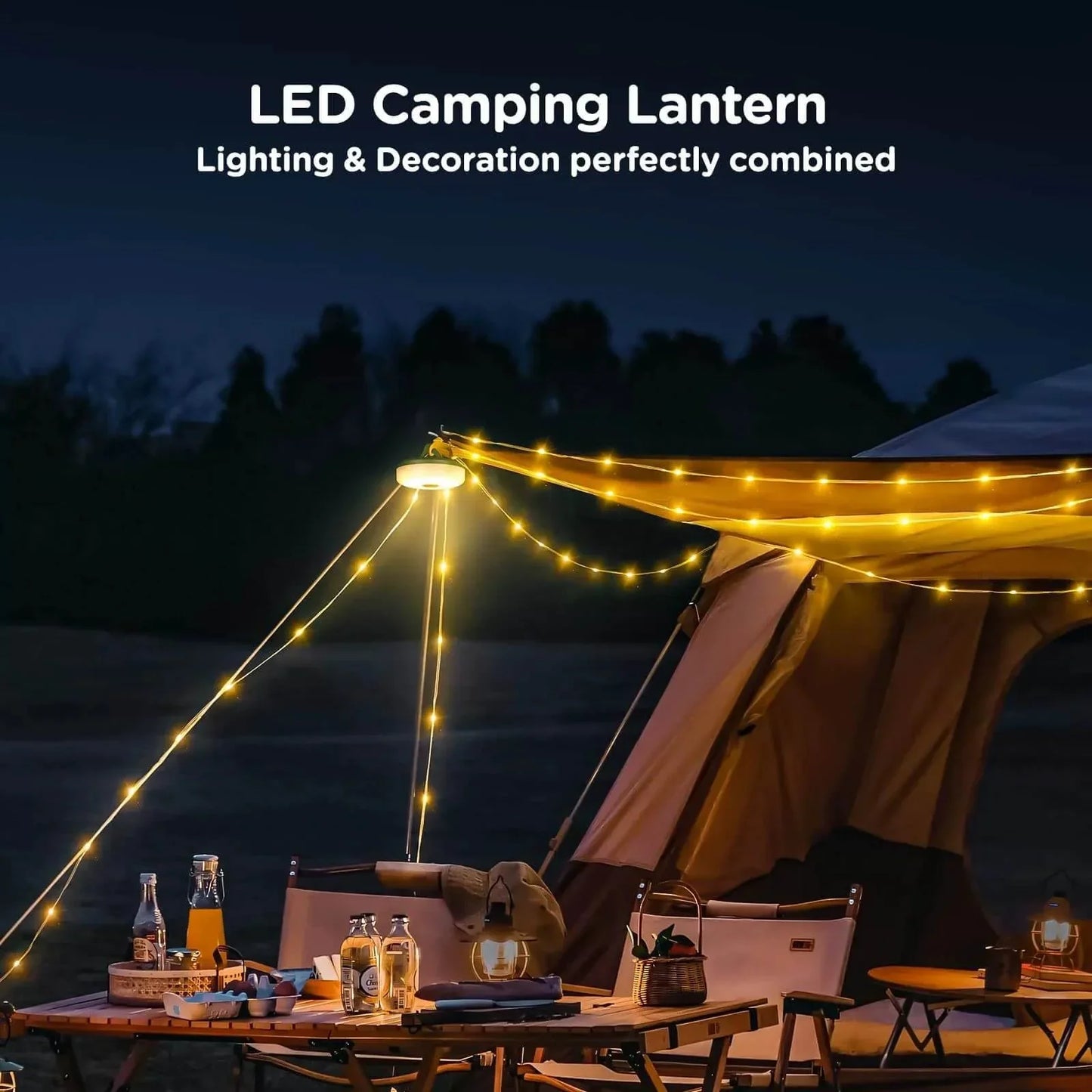 4-in-1 Campinglampe mit USB – Lichterkette, Laterne & Powerbank für Outdoor-Abenteuer
